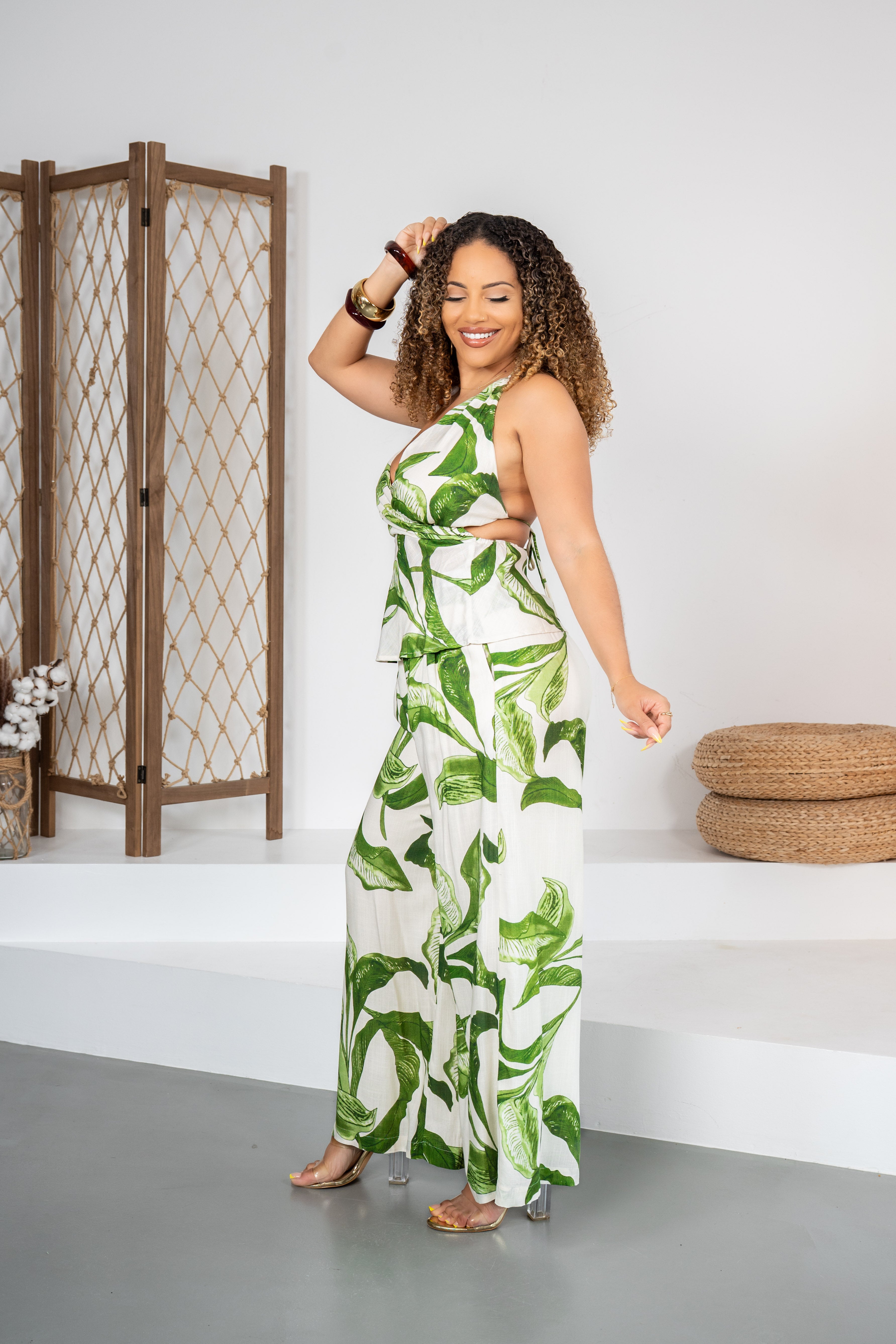 Palms heiress -Ensemble pantalon fluide blanc à motifs