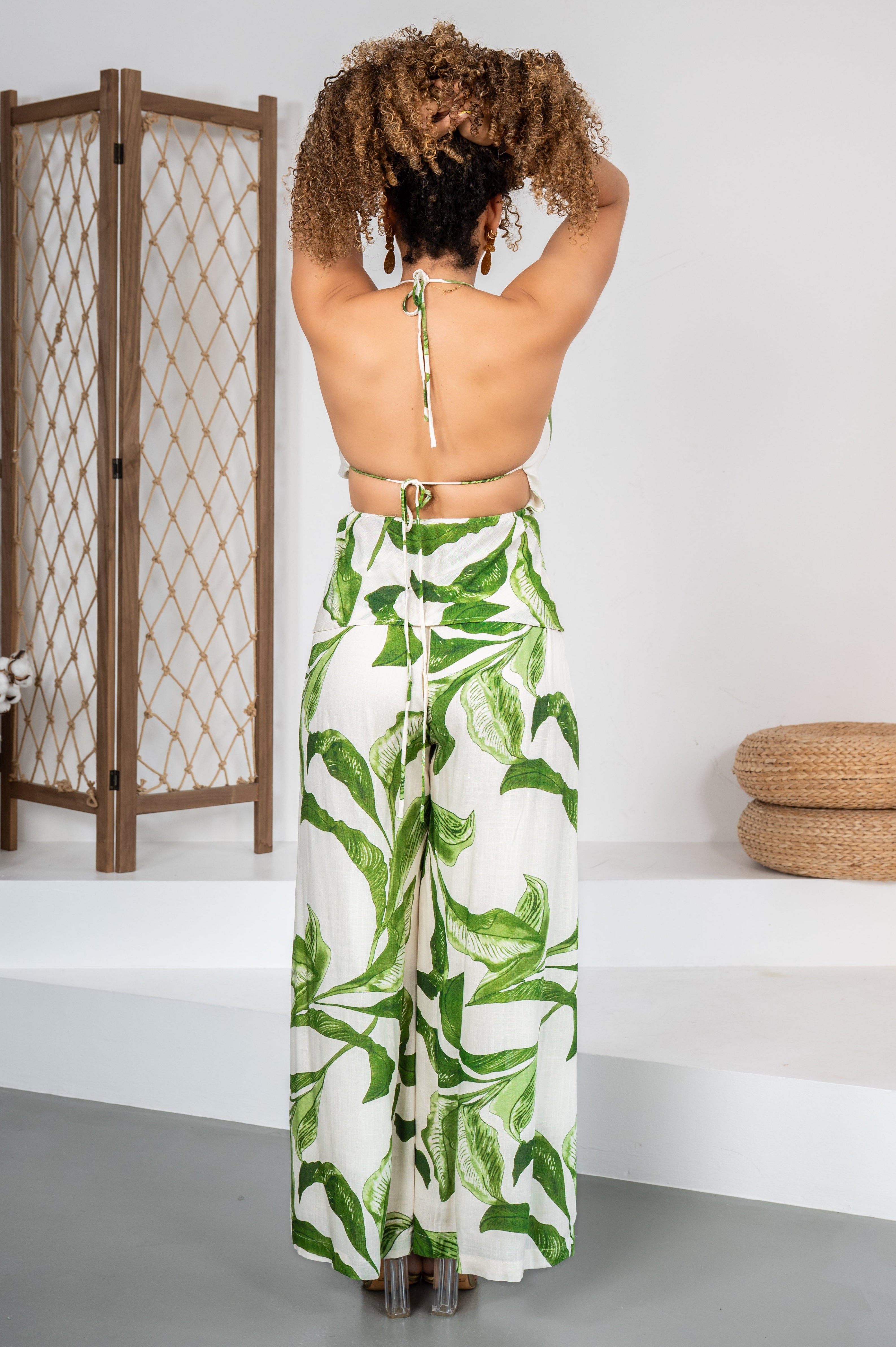 Palms heiress -Ensemble pantalon fluide blanc à motifs