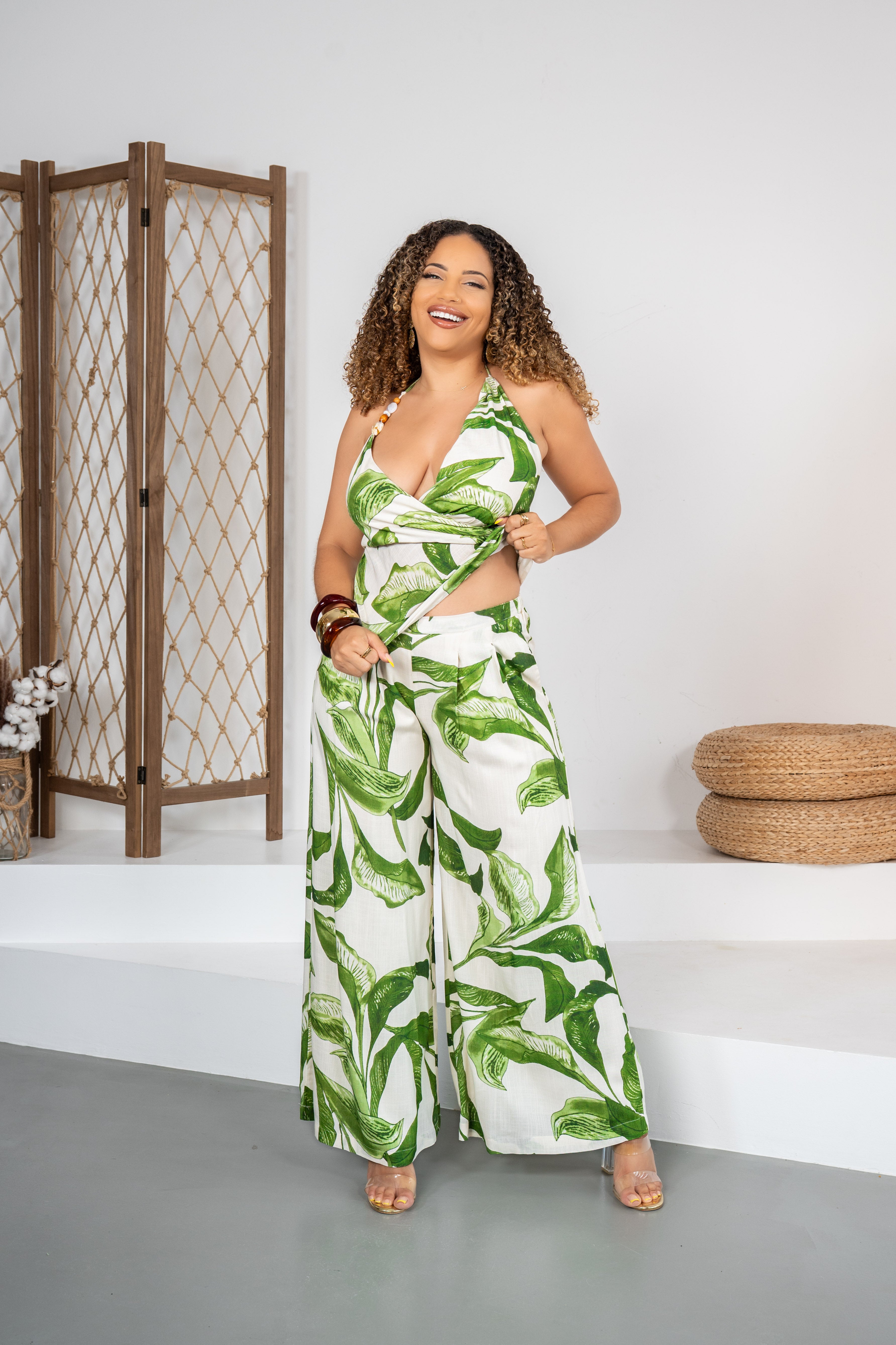 Palms heiress -Ensemble pantalon fluide blanc à motifs