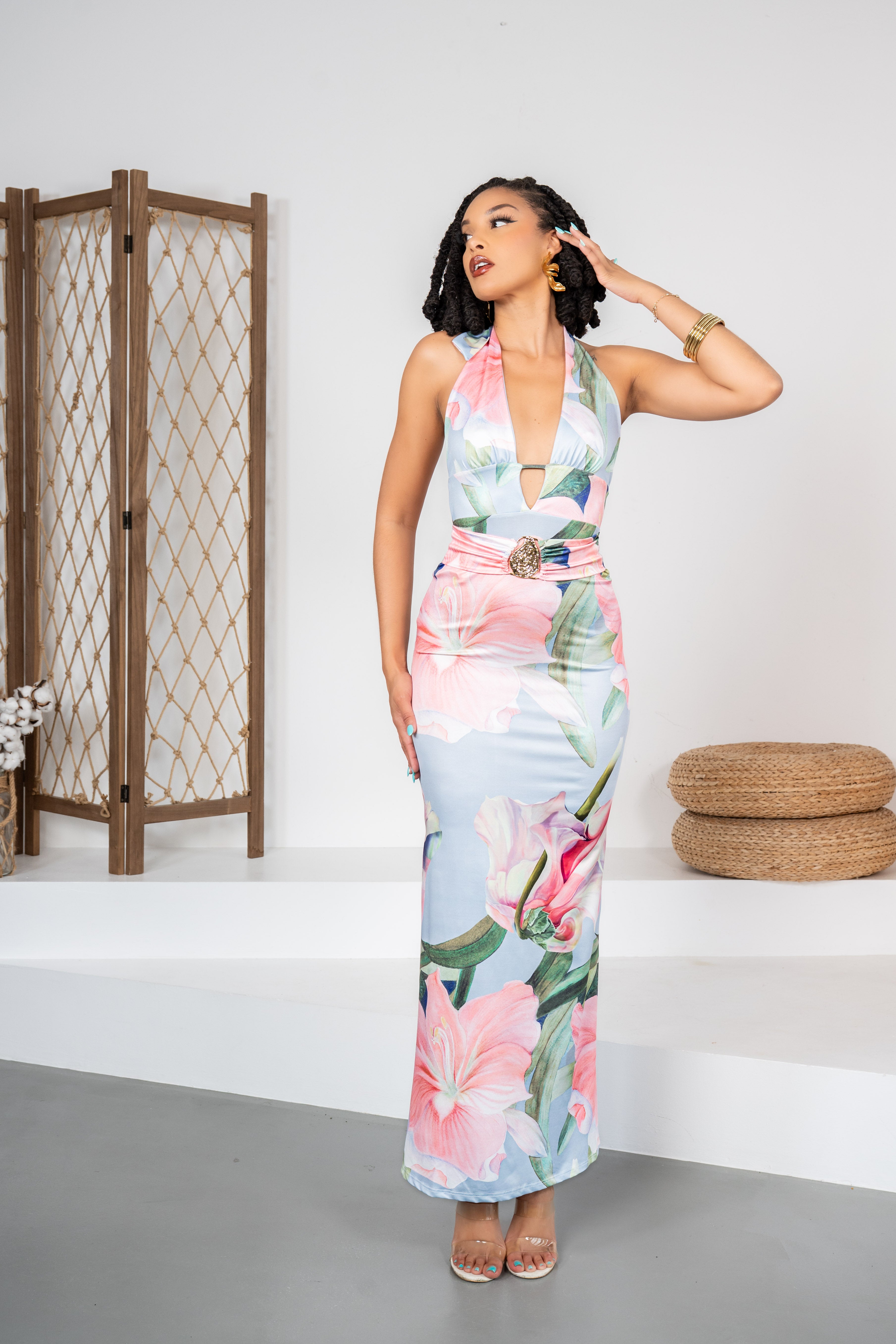 Montecarlo Rose - Robe bleue et rose avec bijou intégré