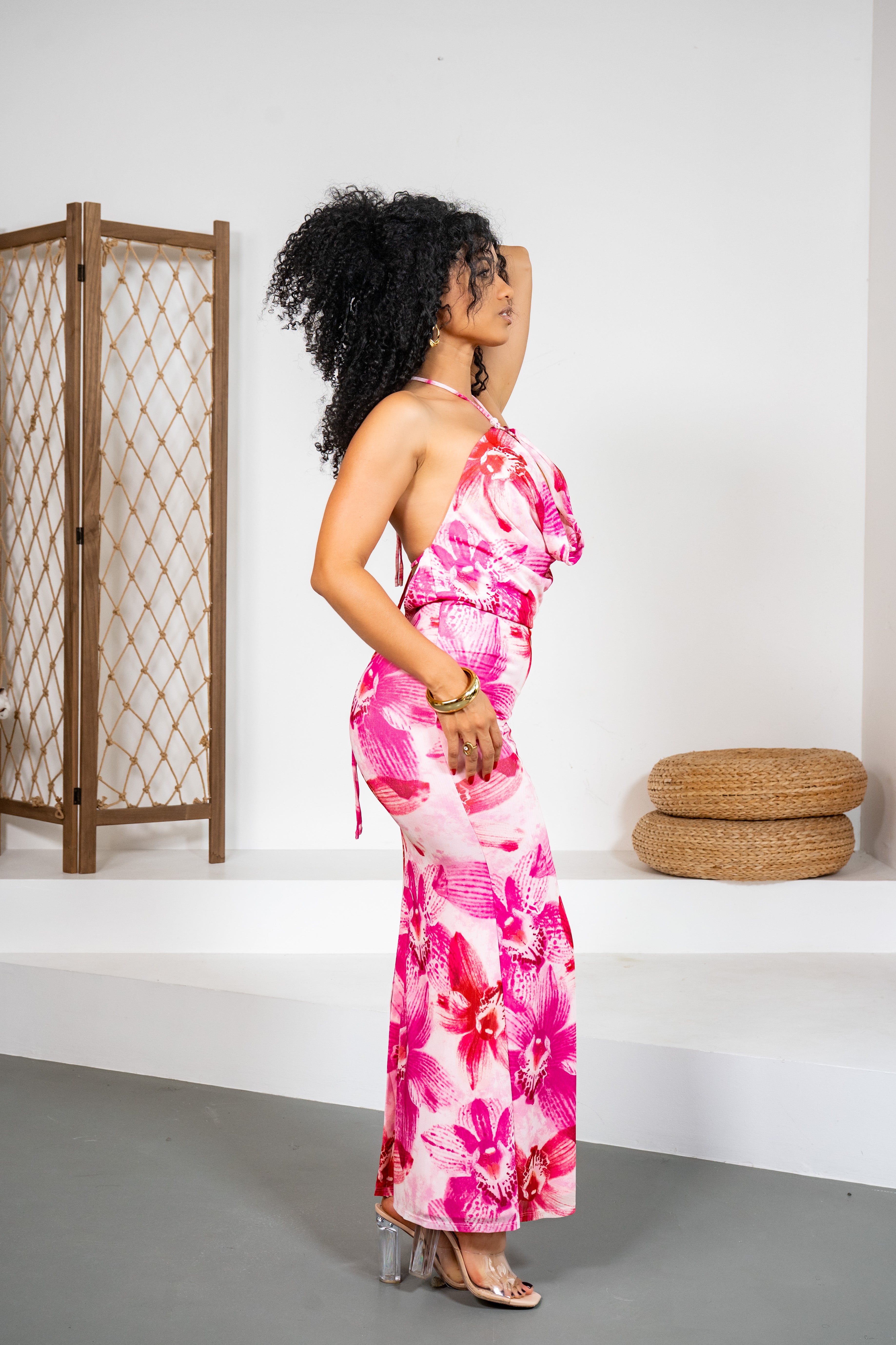 Maravilla - Robe longue rose décolleté à motifs