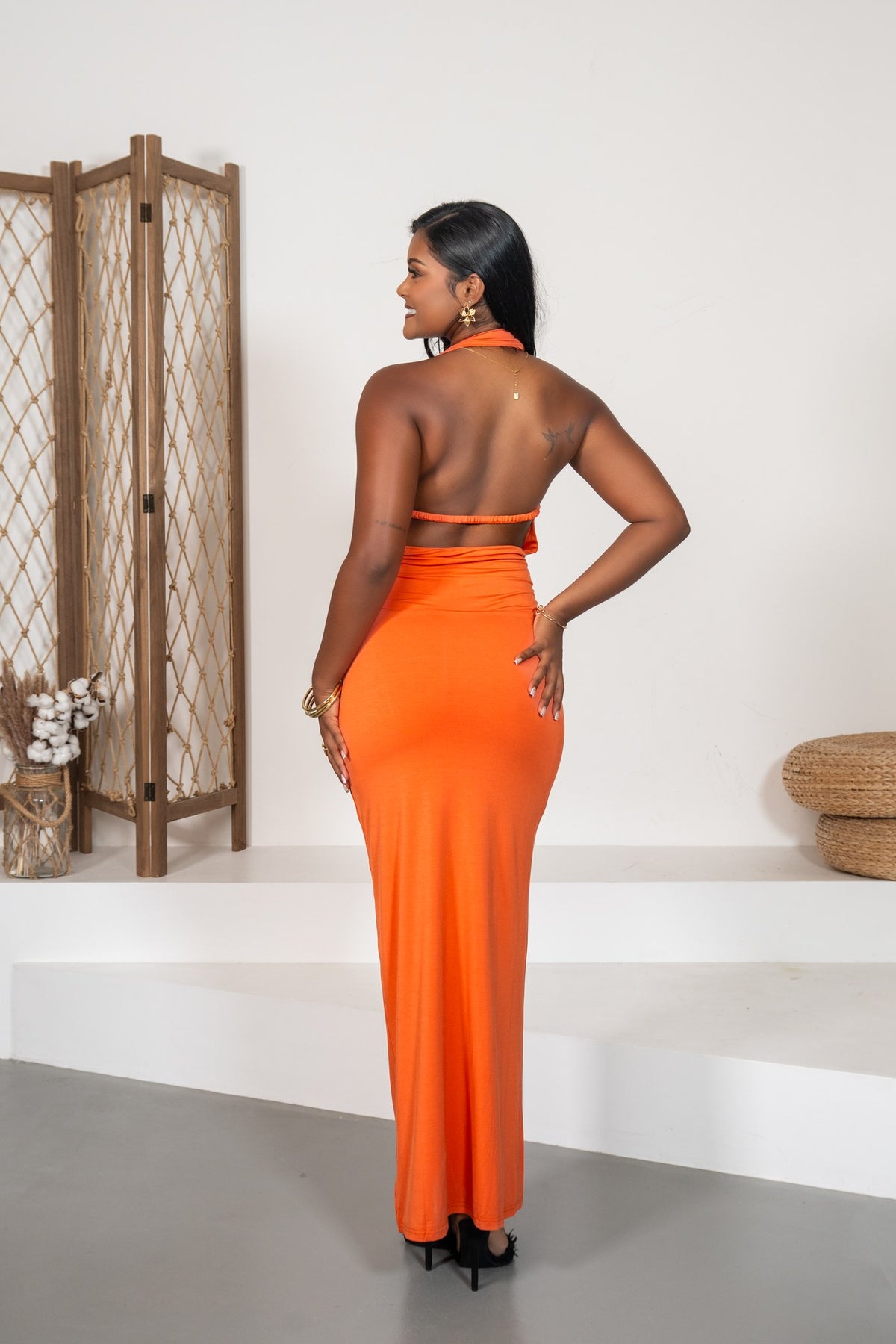 Eos - Robe longue plongeante abricot