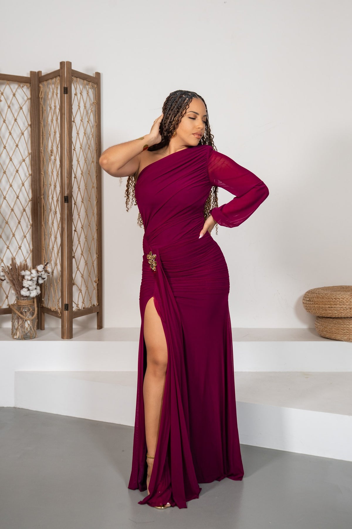 Bolero - Robe longue drapée prune