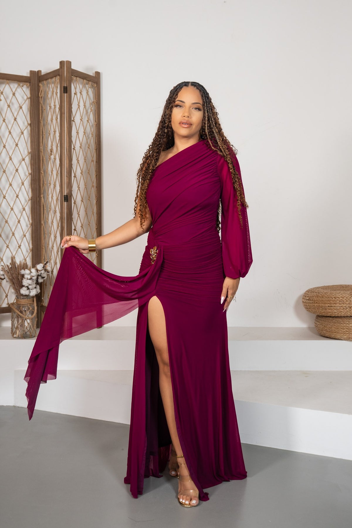 Bolero - Robe longue drapée prune