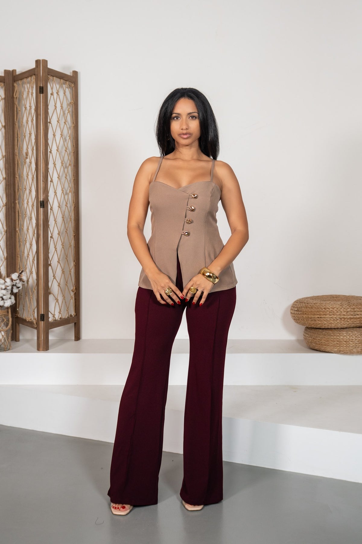 Cedro - Pantalon flare ceinturé bordeaux