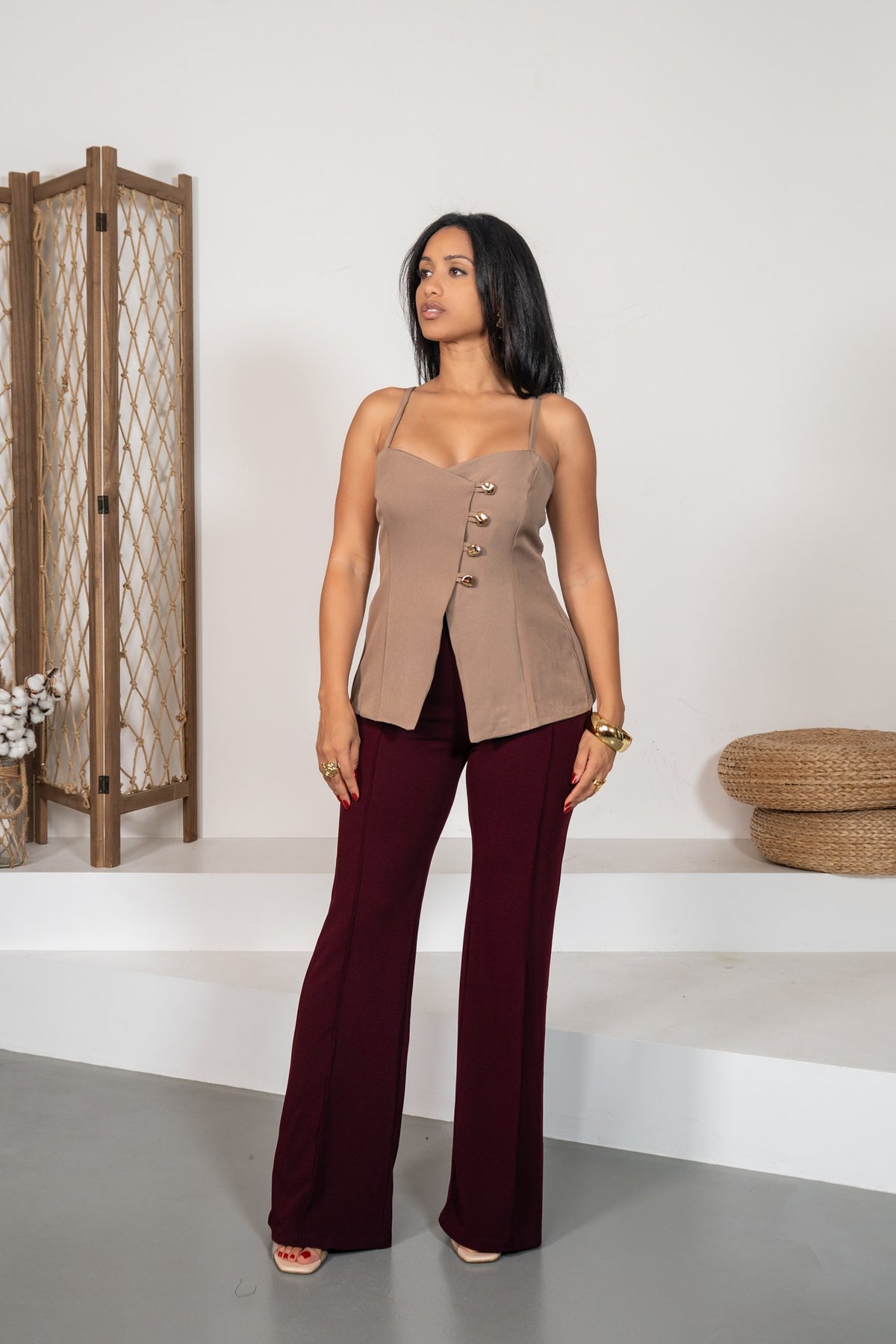 Cedro - Pantalon flare ceinturé bordeaux