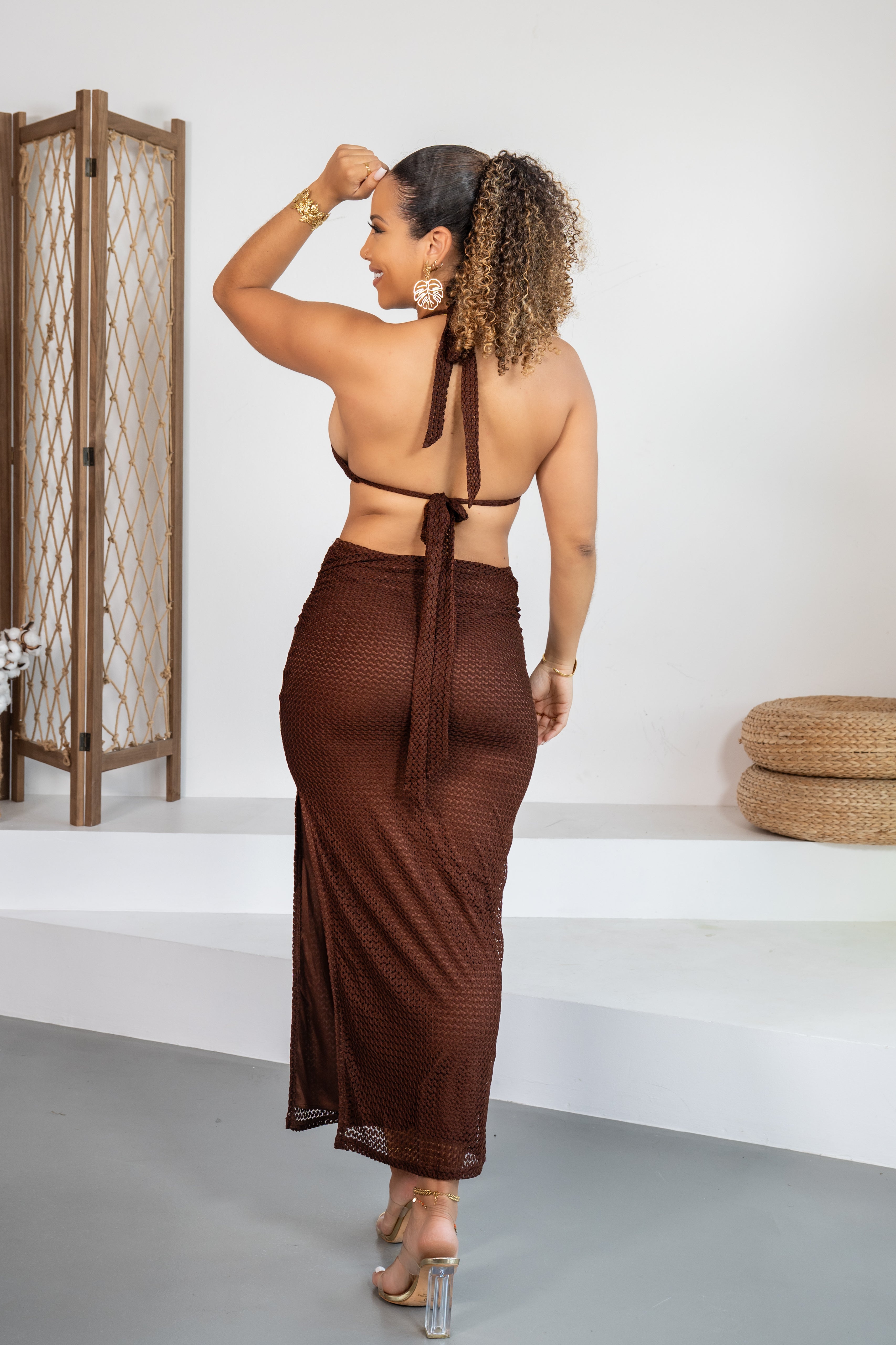 Cacao - Robe longue maille marron