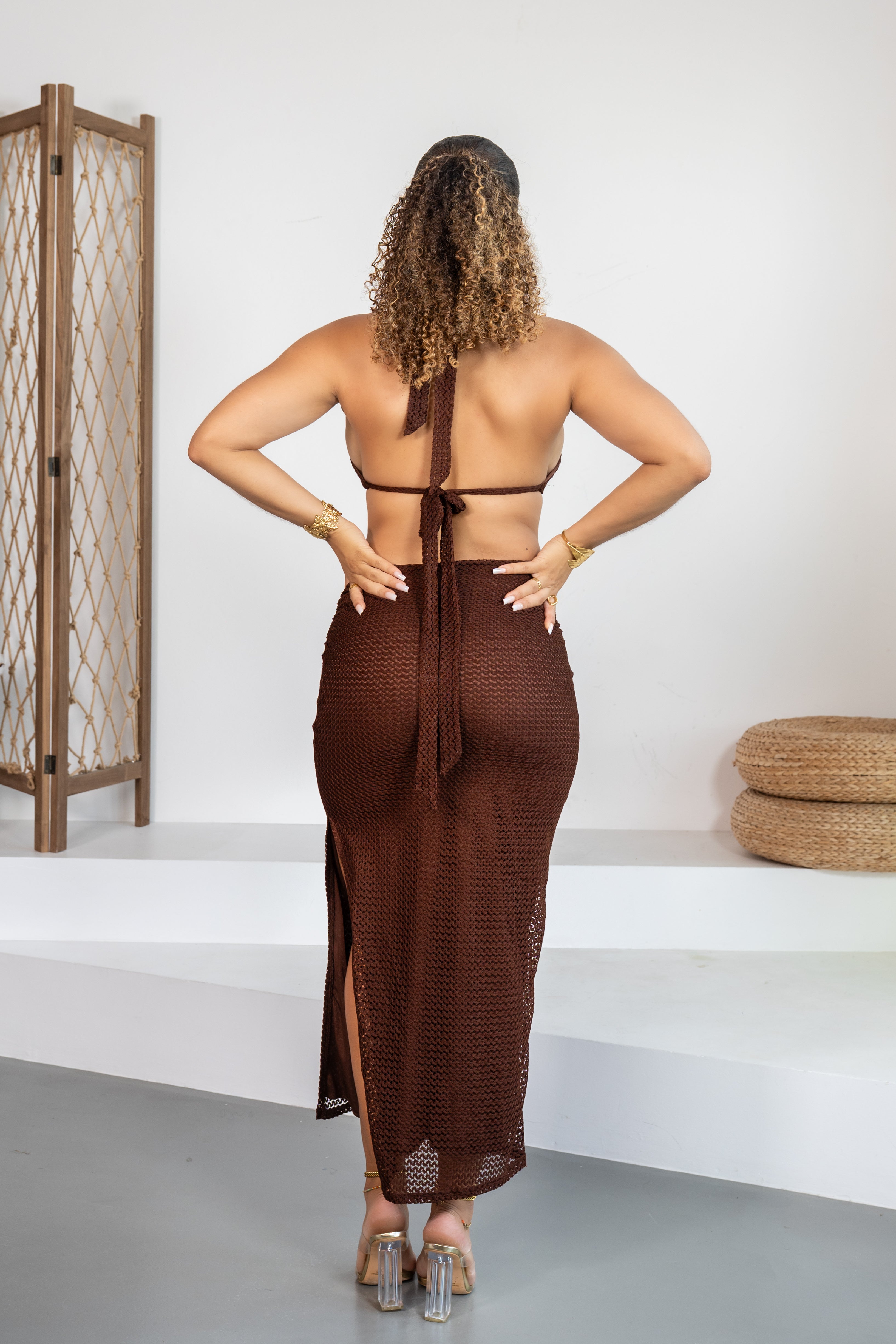 Cacao - Robe longue maille marron