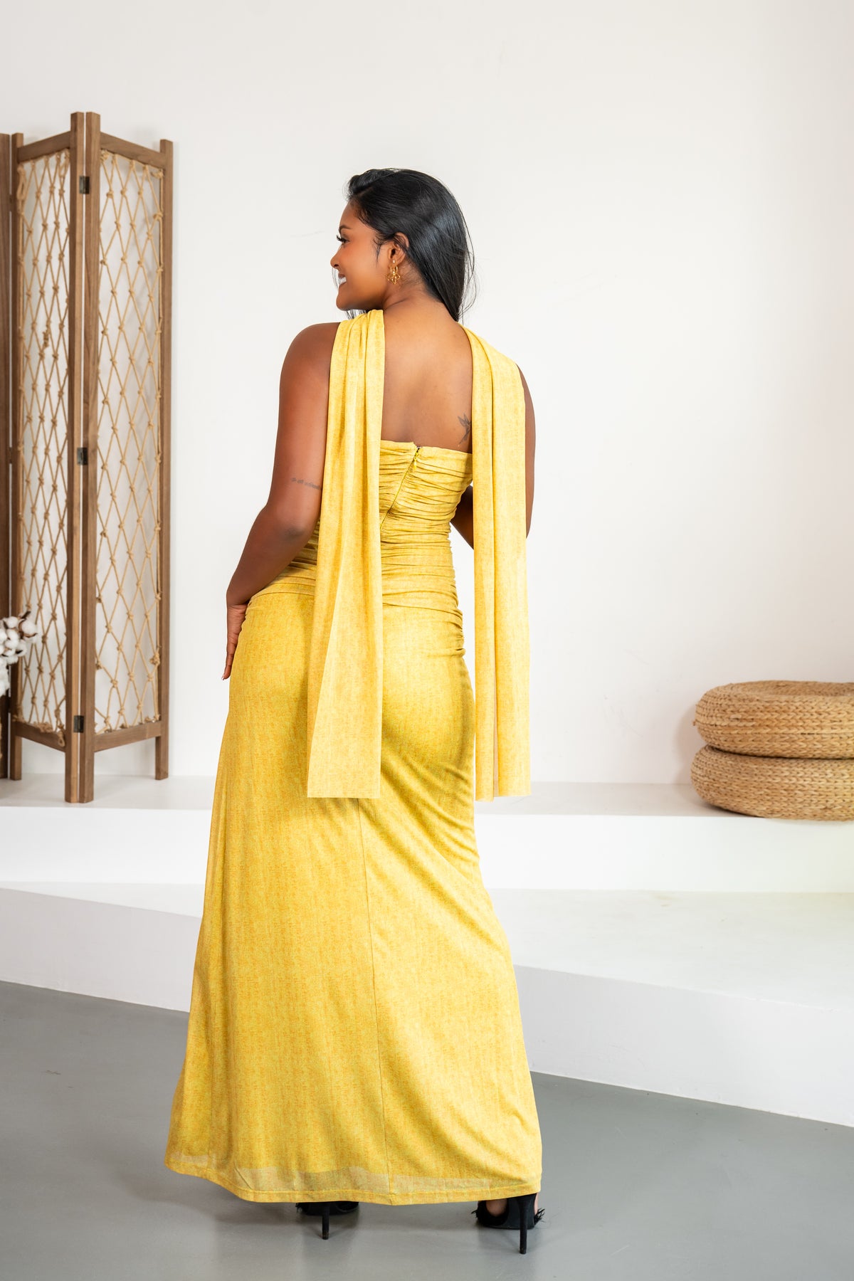 Ámbar - Robe longue bustier moutarde