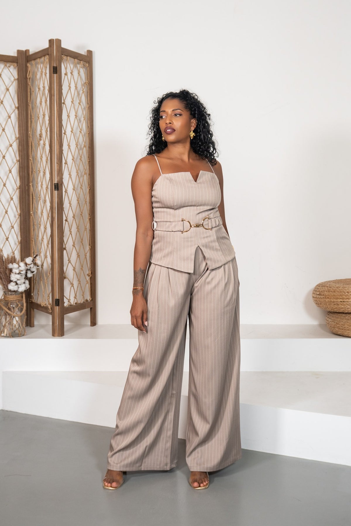 Ágata - Ensemble caraco rayé taupe
