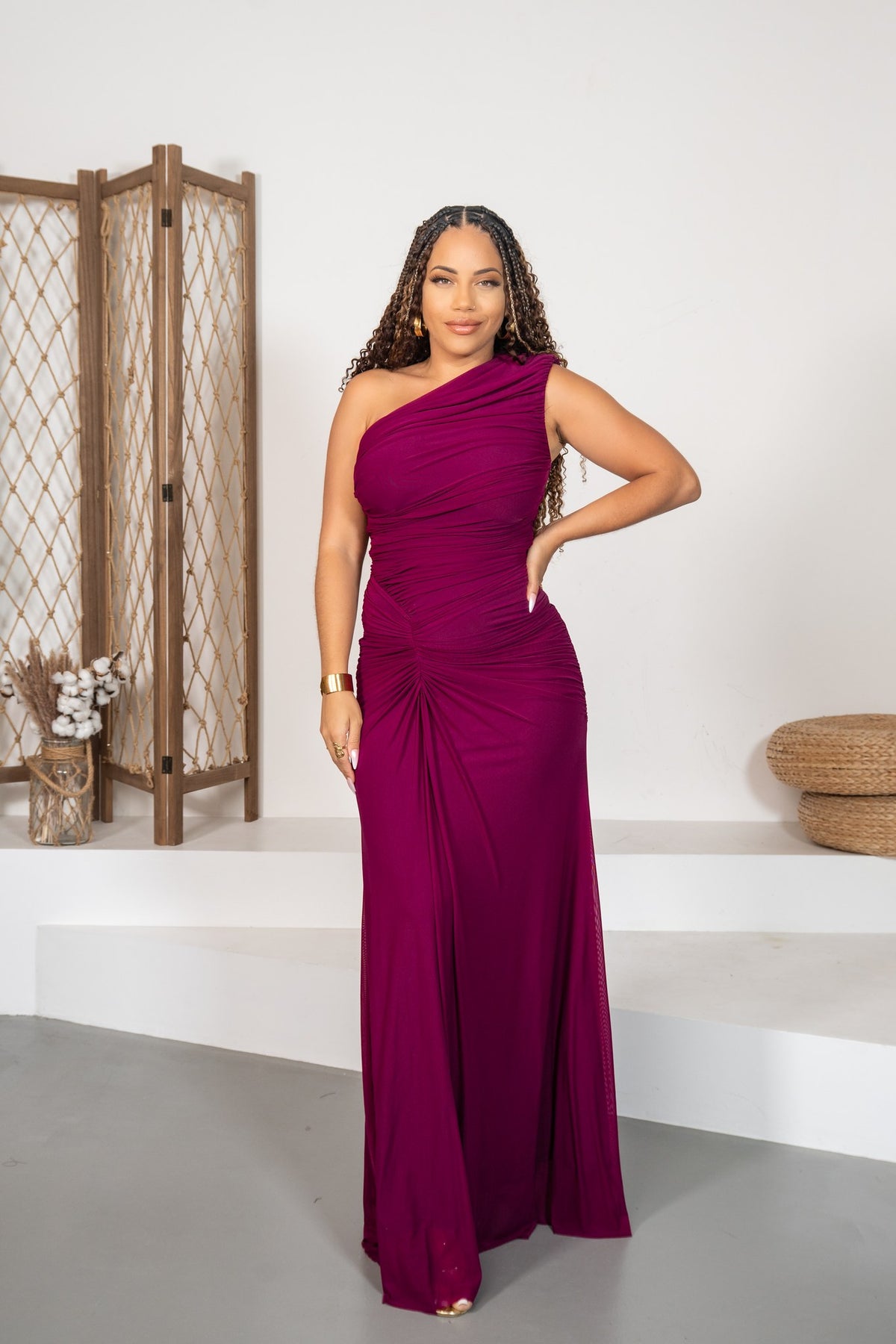 Lyra - Robe longue froncée raisin
