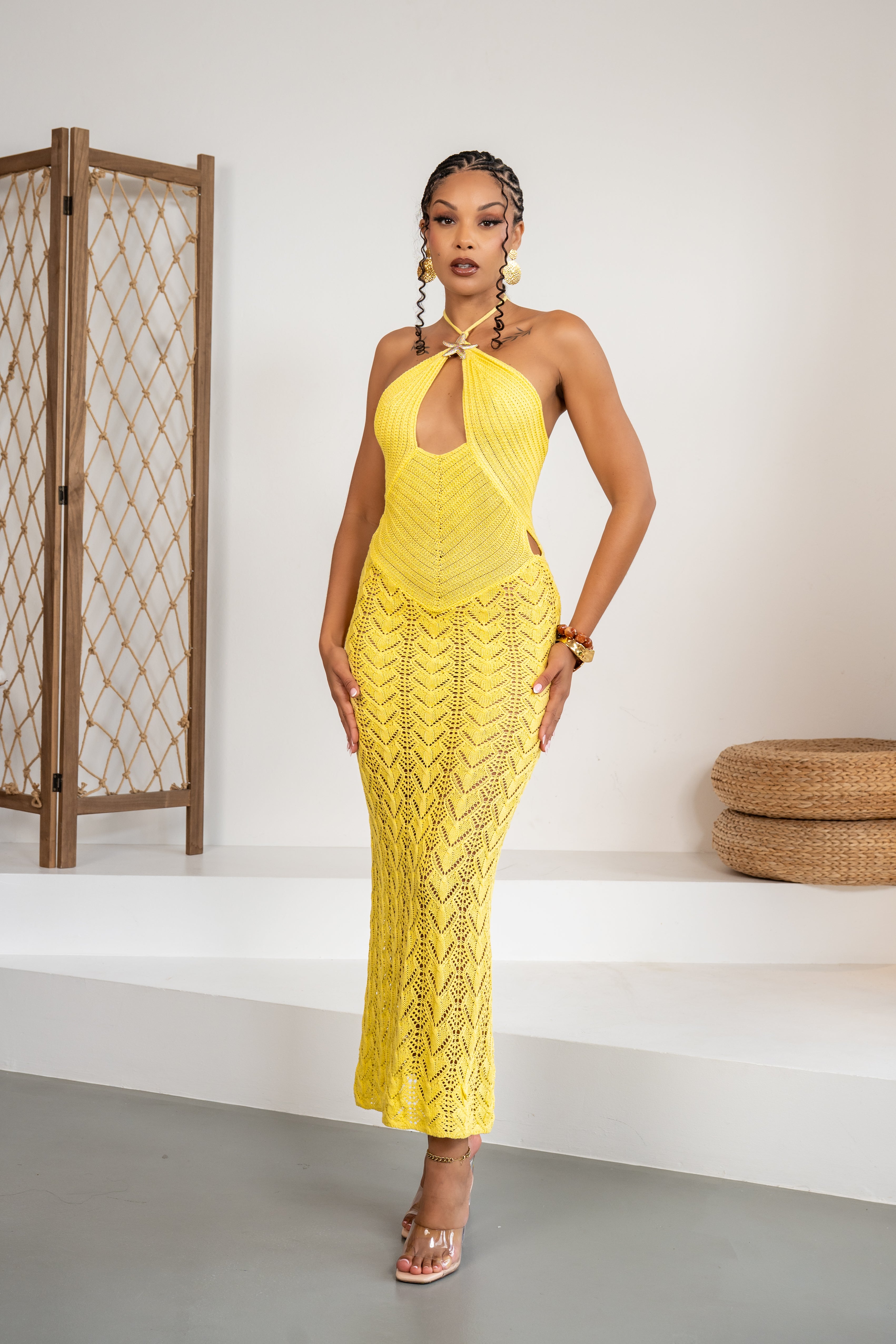 Solar star - Robe longue jaune en crochet
