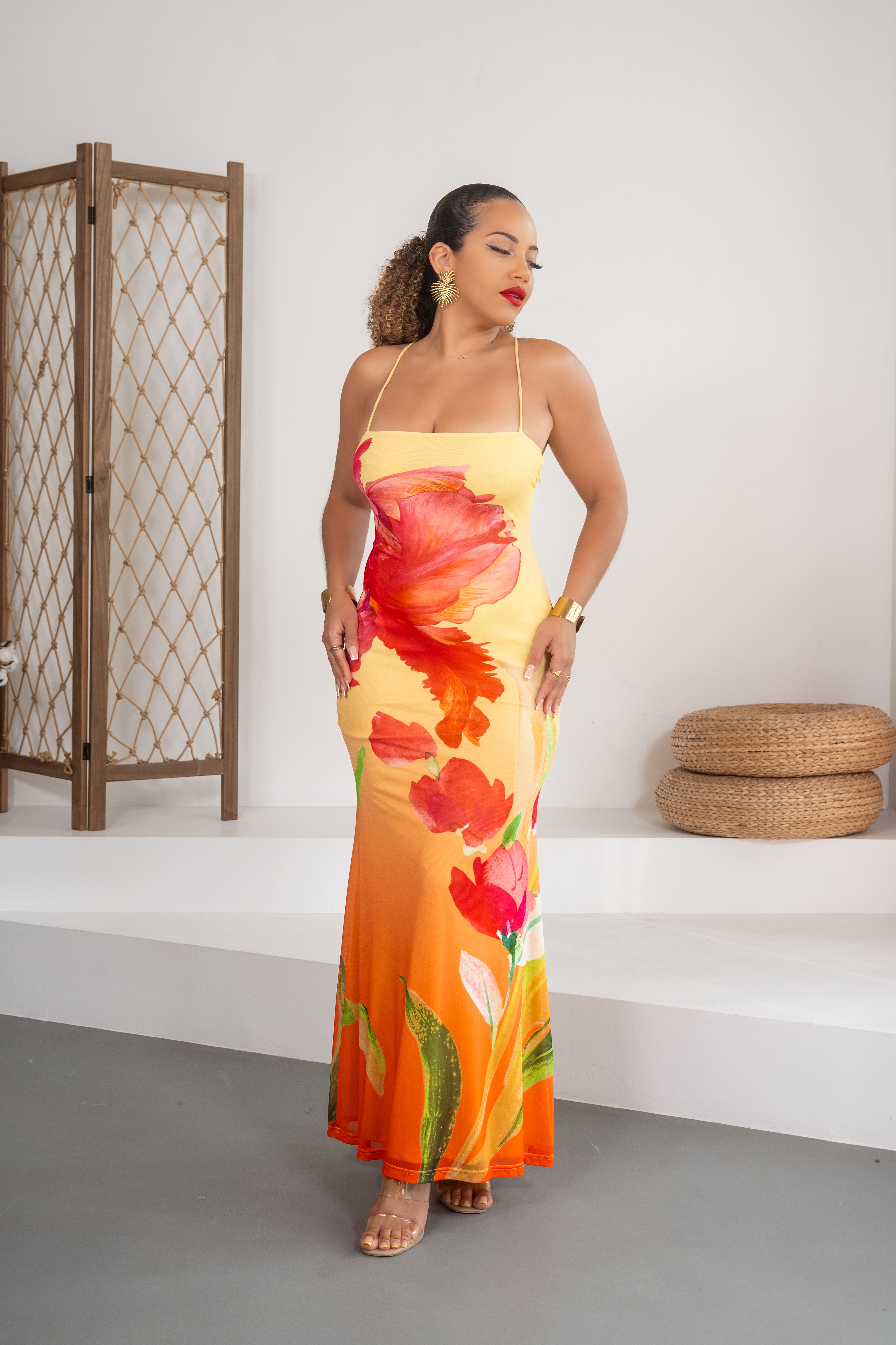 Aventura - Robe longue jaune imprimée et lacée