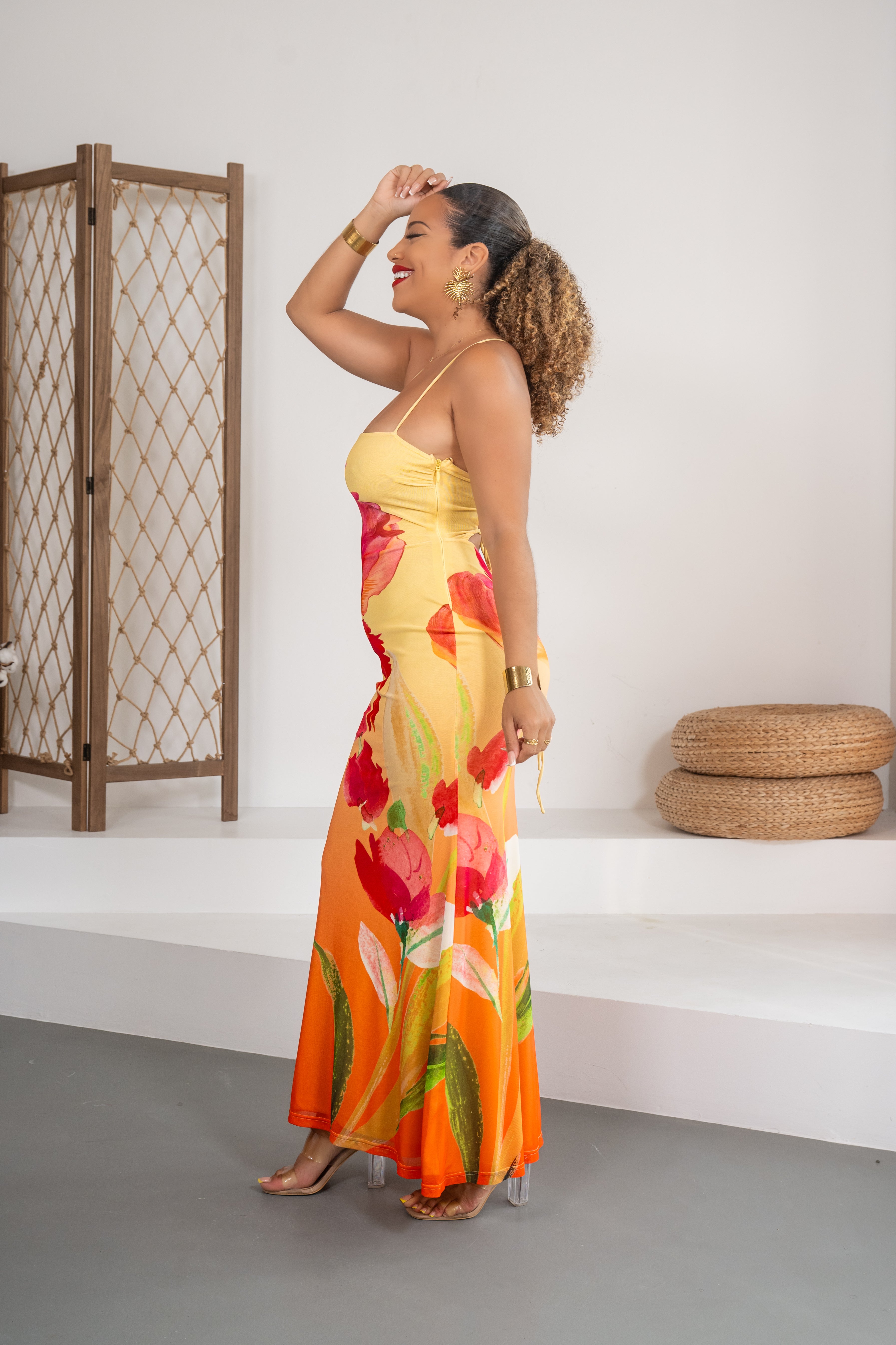 Aventura - Robe longue jaune imprimée et lacée