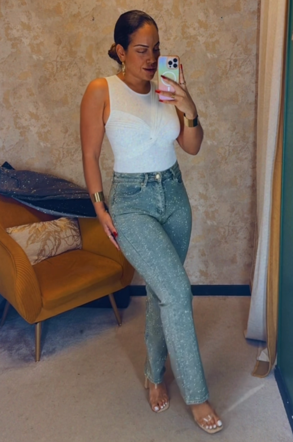 Diamonds denim - Jean à paillettes bleu délavé