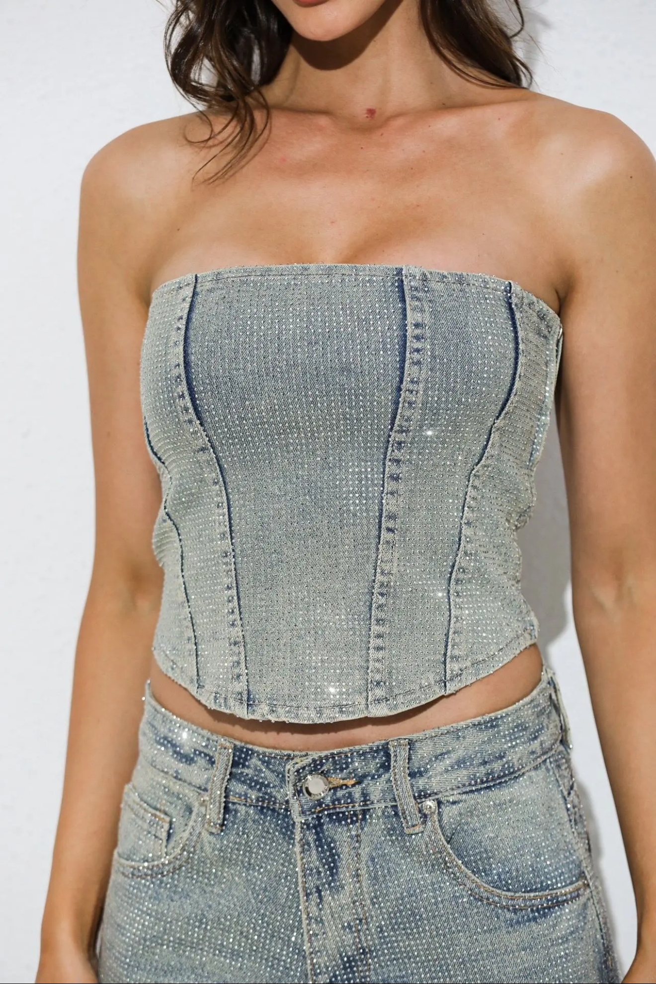 Diamond denim - Top bustier pailleté bleu délavé