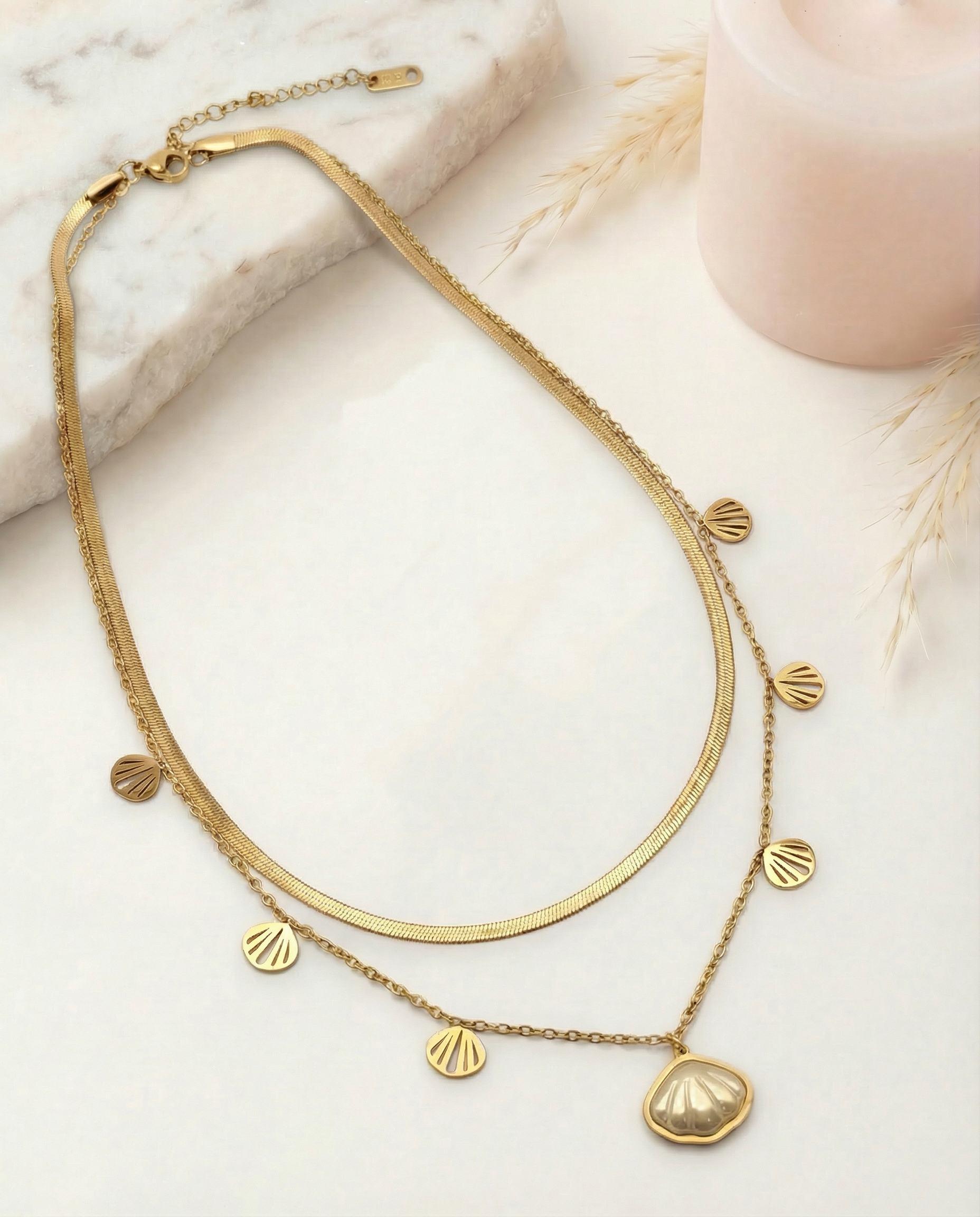 Sélène - Collier doubles charms coquillages acier inoxydable