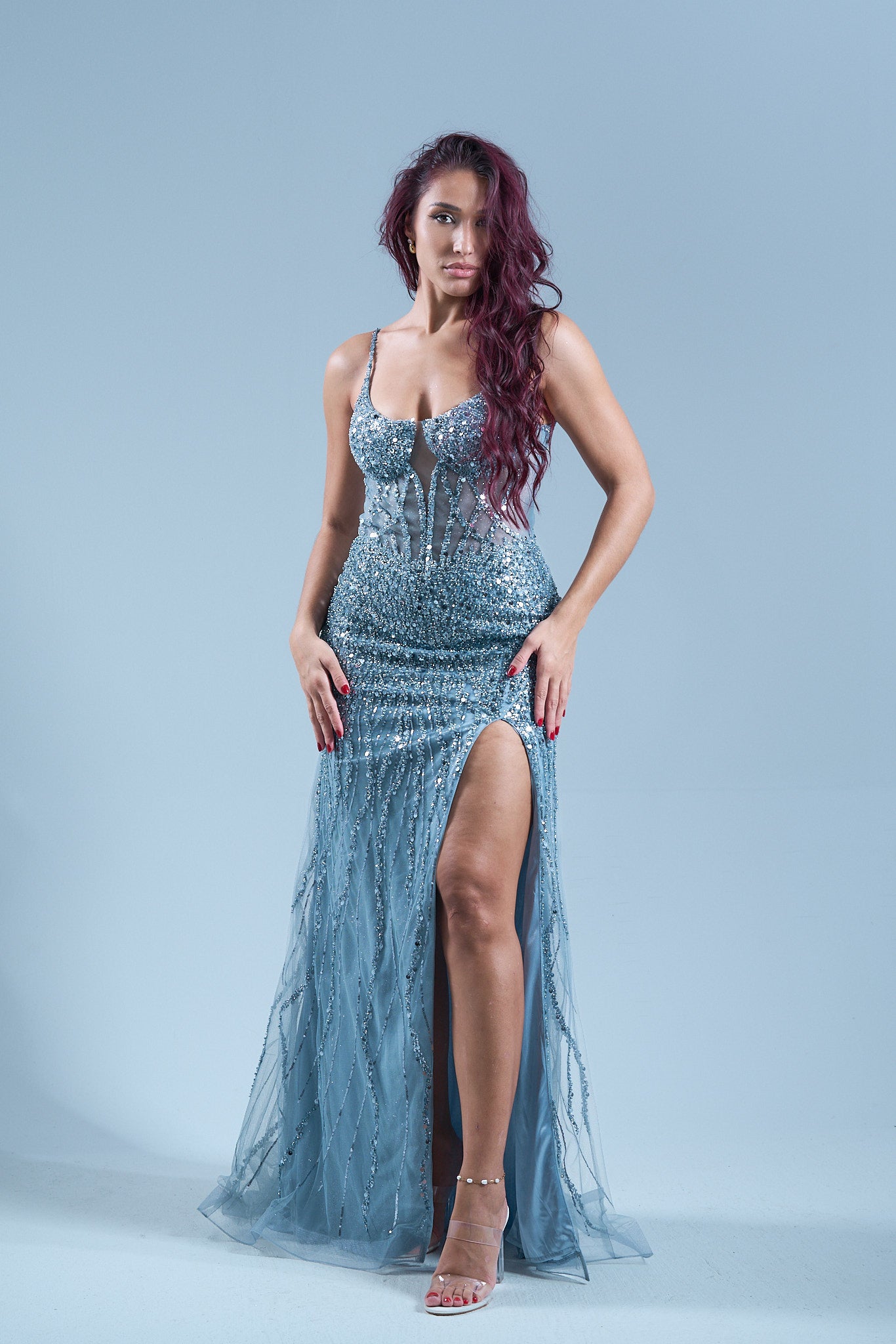 CELESTE - Longue robe paillettée bleue