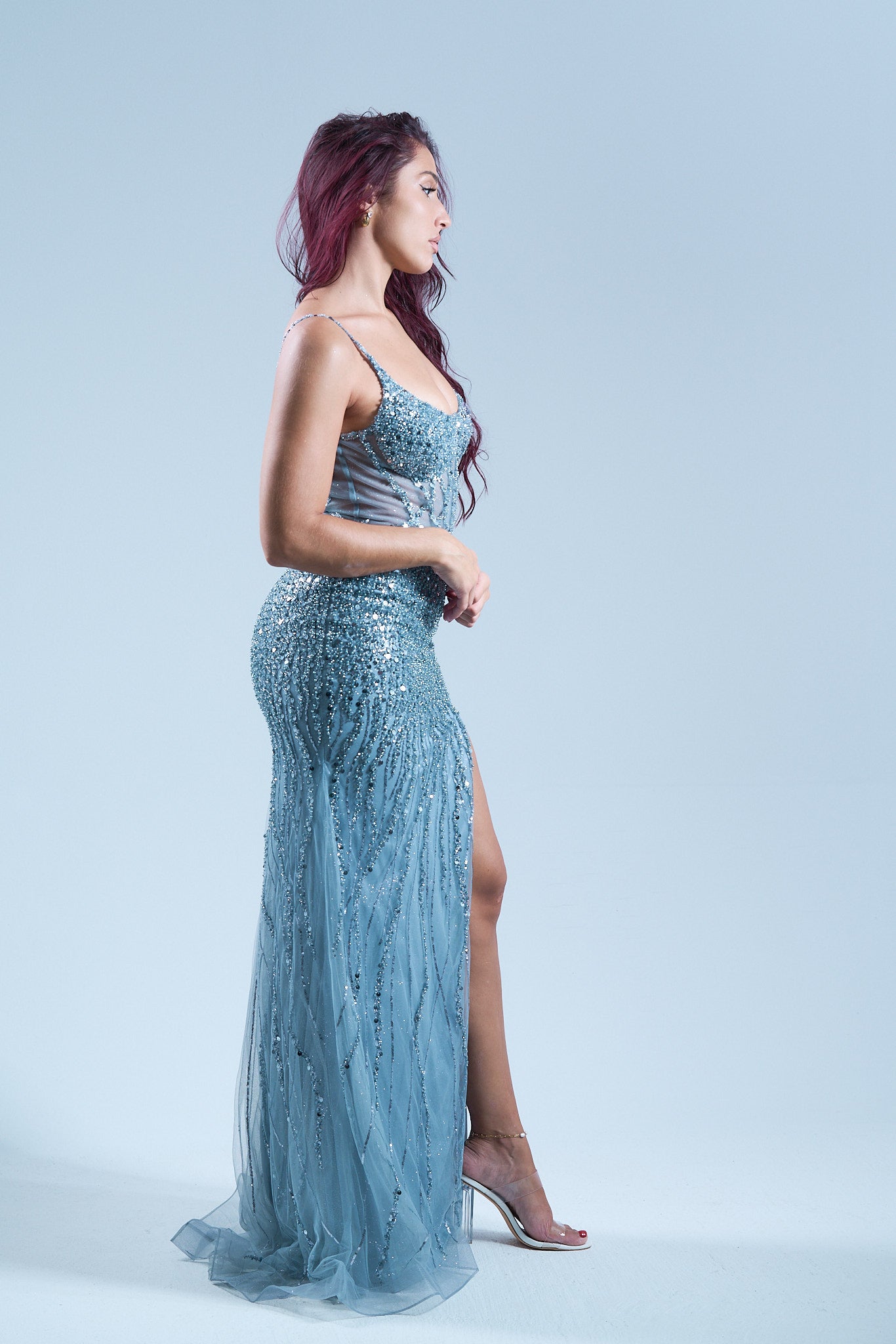 CELESTE - Longue robe paillettée bleue