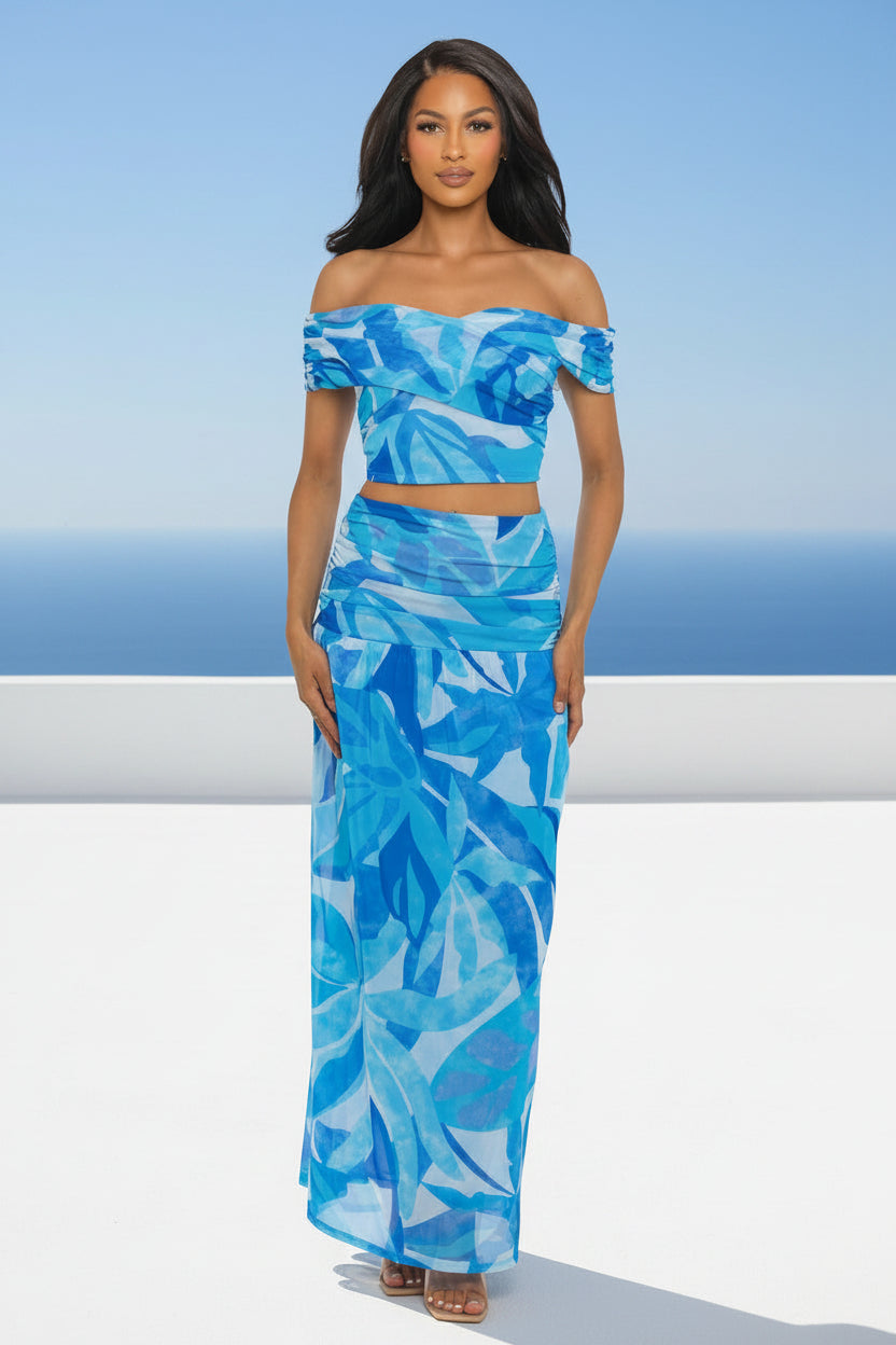 Brisa Azul - Ensemble jupe longue et top bardot feuillage bleu
