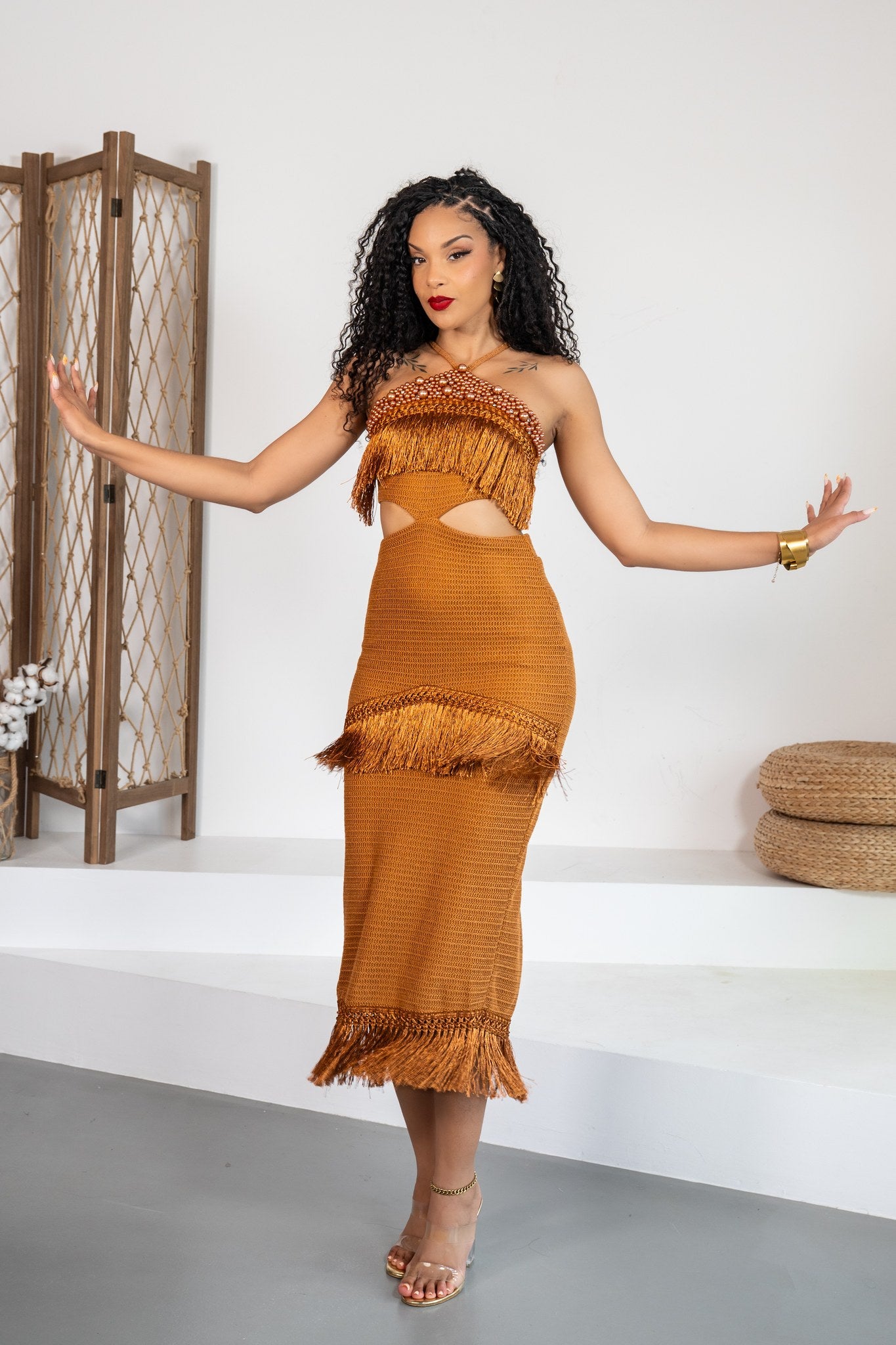 Caramelo - Robe midi à franges caramel - photo 3