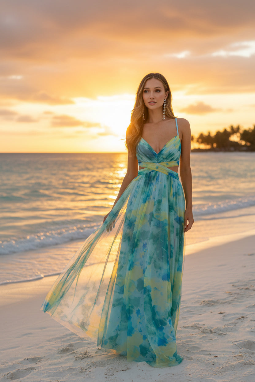 Island Breeze - Robe longue en tulle turquoise