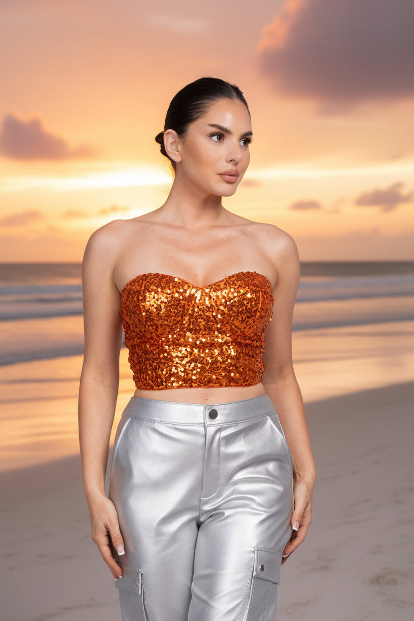 Glitterati - Crop top bustier à paillettes orange