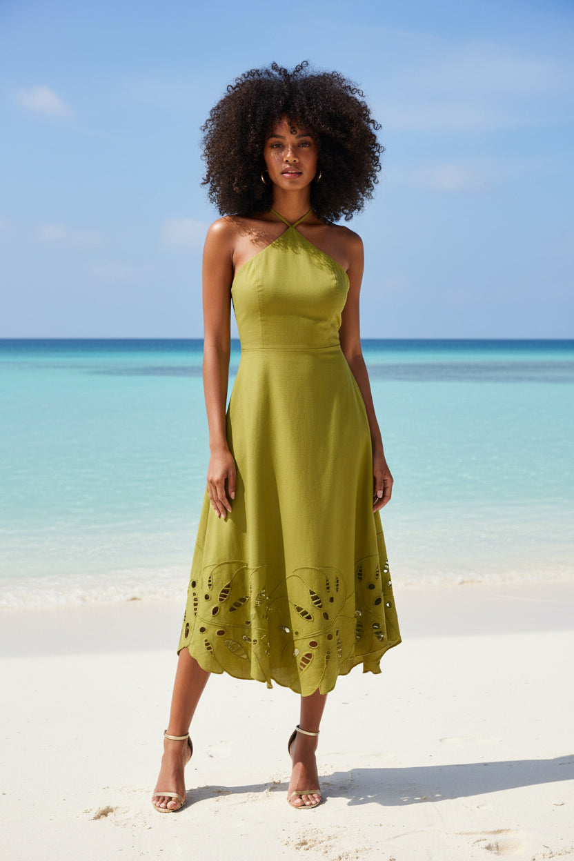 Flor Salvaje - Robe verte à fleurs monstera