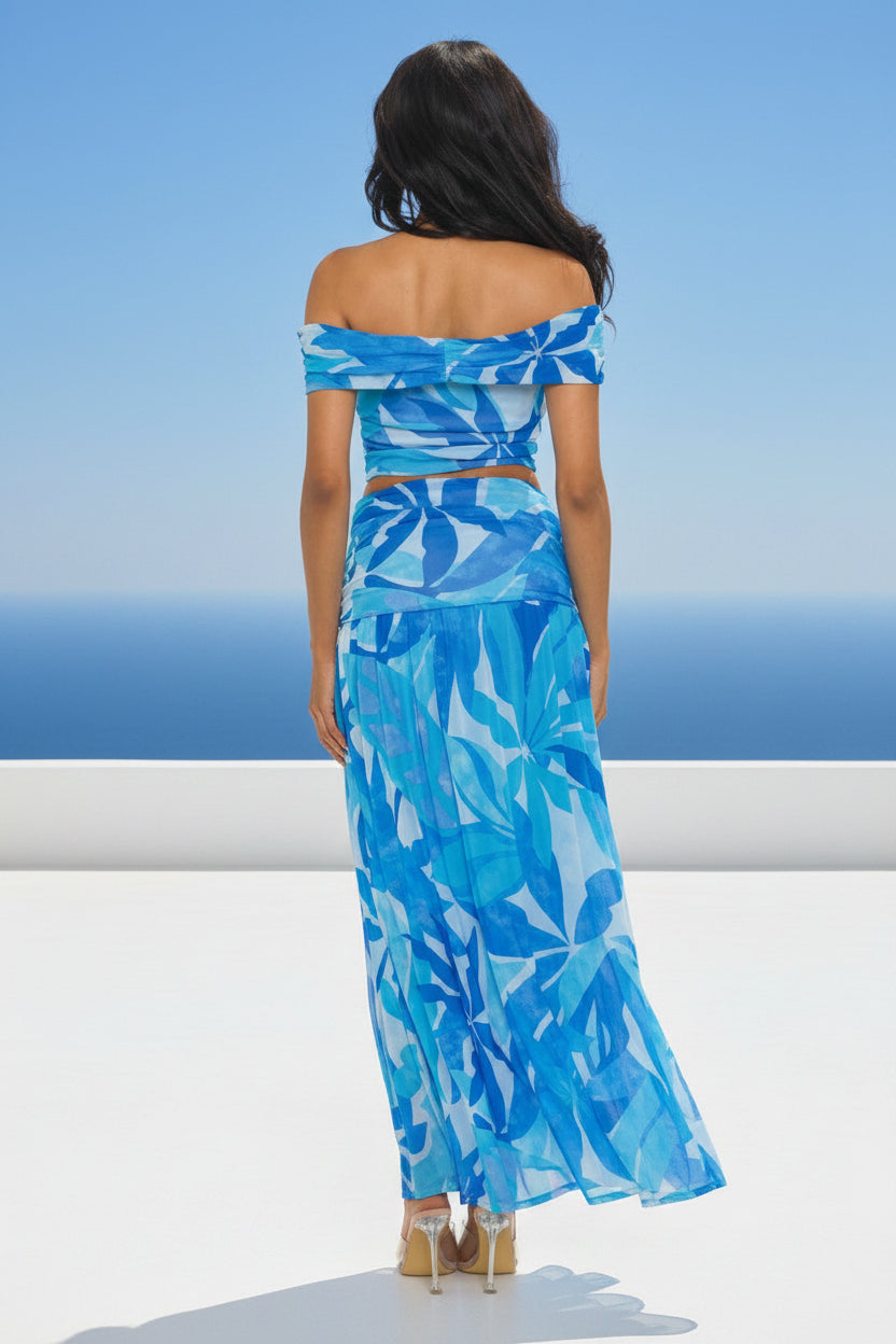 Brisa Azul - Ensemble jupe longue et top bardot feuillage bleu