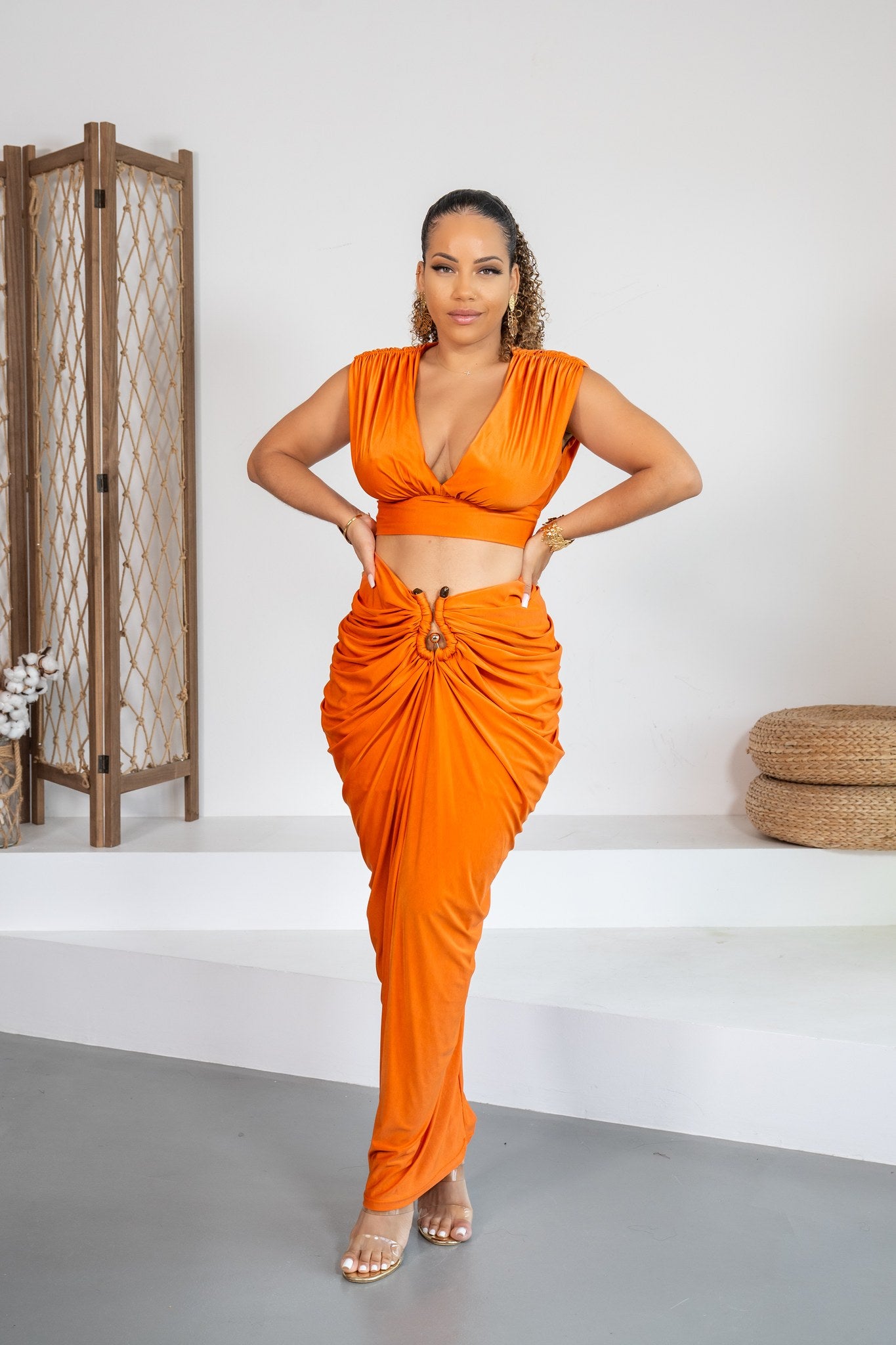 Mandarina - Ensemble jupe drapée orange