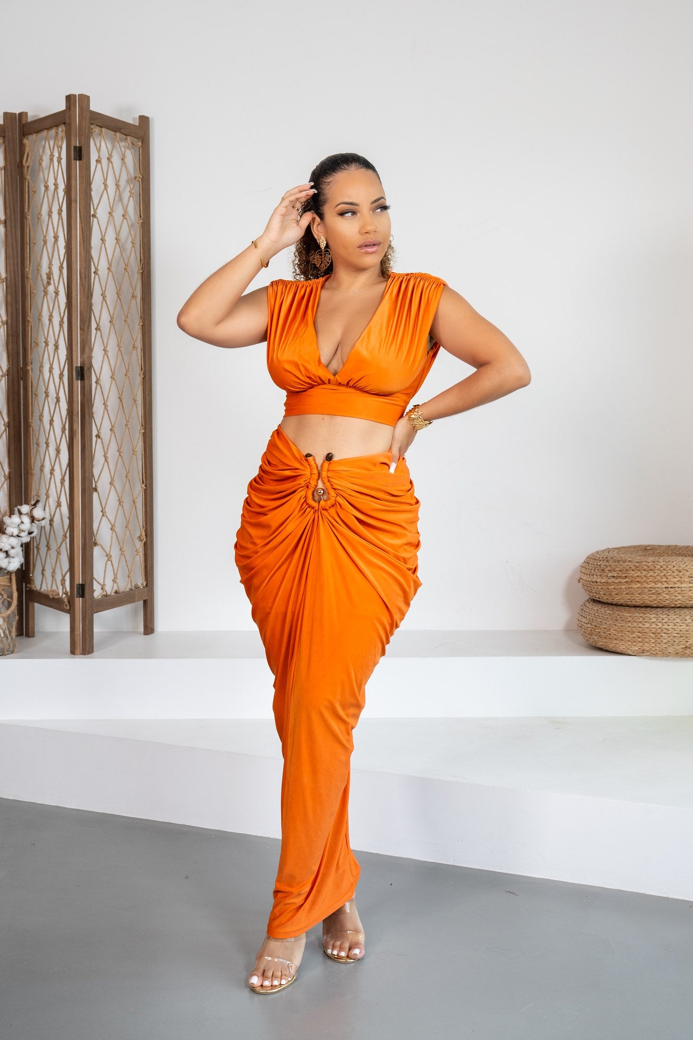 Mandarina - Ensemble jupe drapée orange