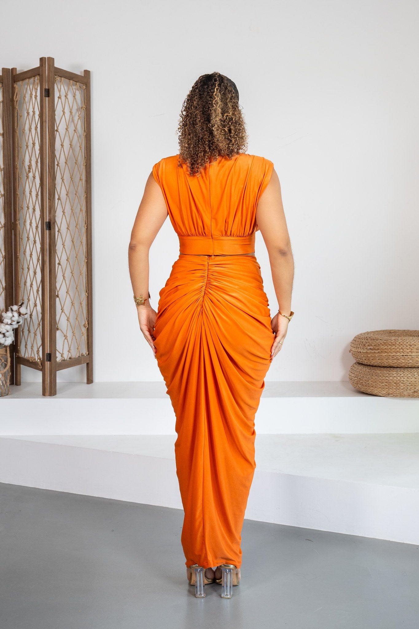 Mandarina - Ensemble jupe drapée orange