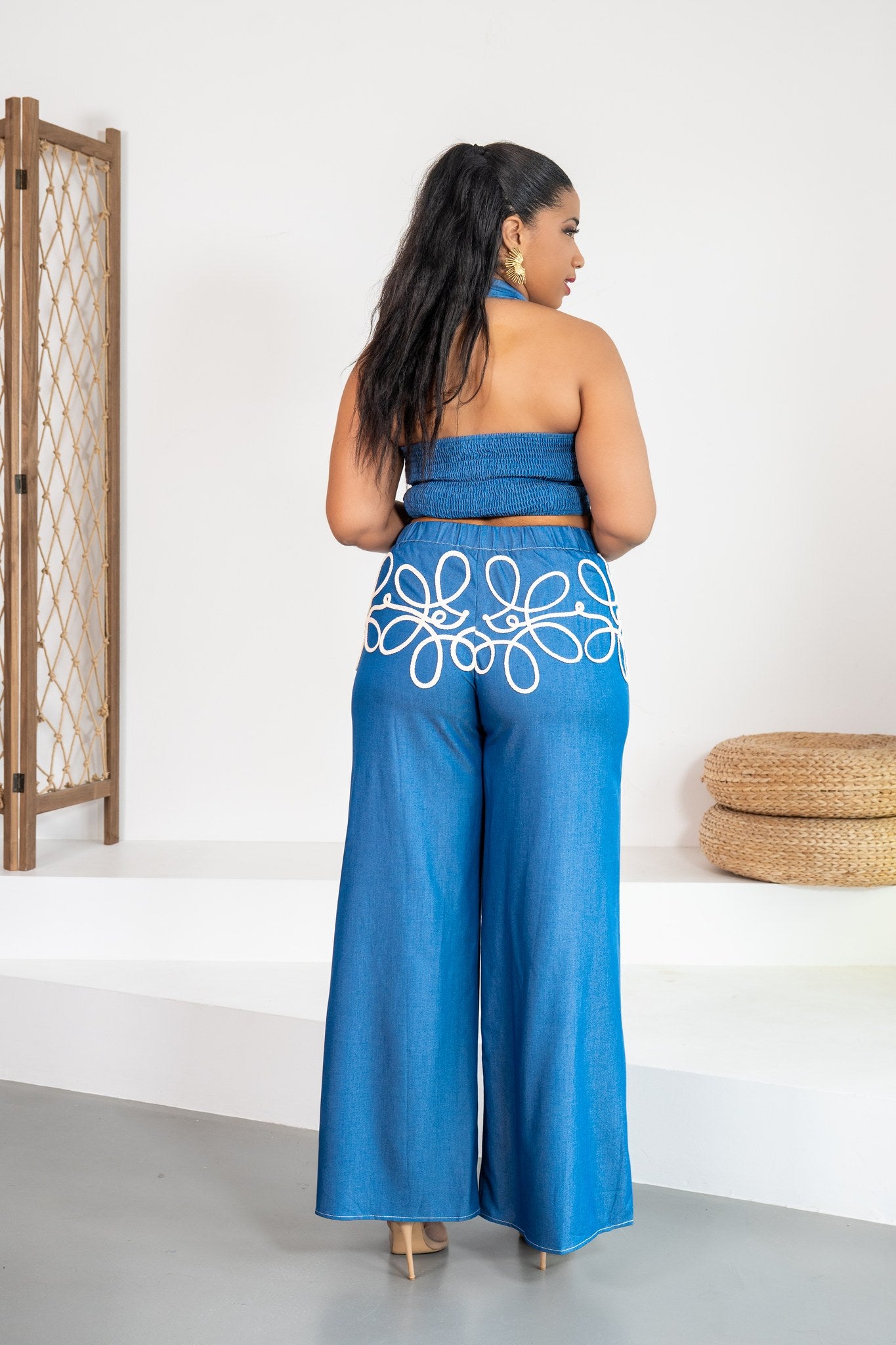 Margarita - Ensemble pantalon brodé bleu